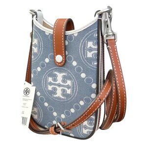 Tory Burch T Monogram Denim Phone Crossbody Bag in Pearl Blue